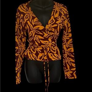 Silhouette Floral Wrap Blouse - Orange and Brown